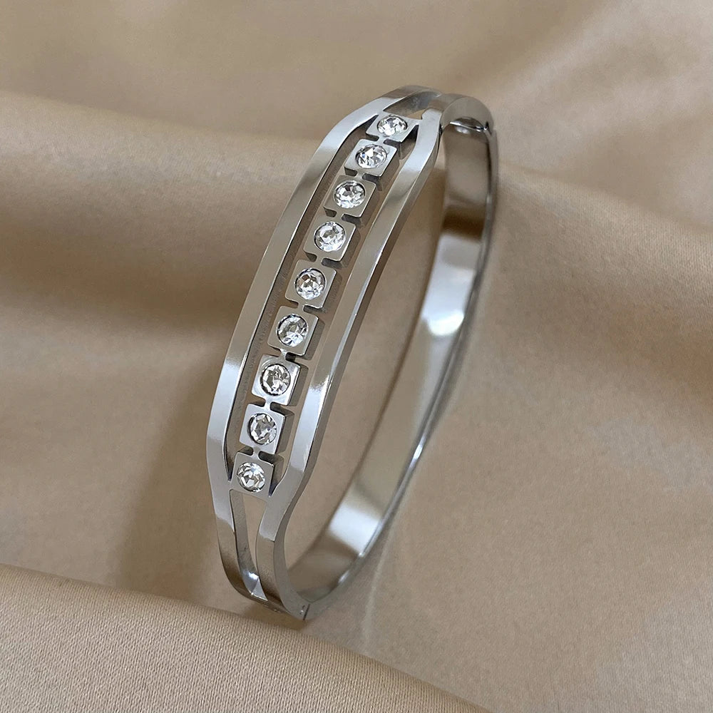 Bracelets tendance GoldGirly en acier inoxydable avec strass et zircone cubique pour femmes, couleur argent, bijoux