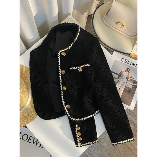 Veste en tweed noir pour femme, manteau matelassé court et élégant, blazer noir d'hiver pour femme, classique