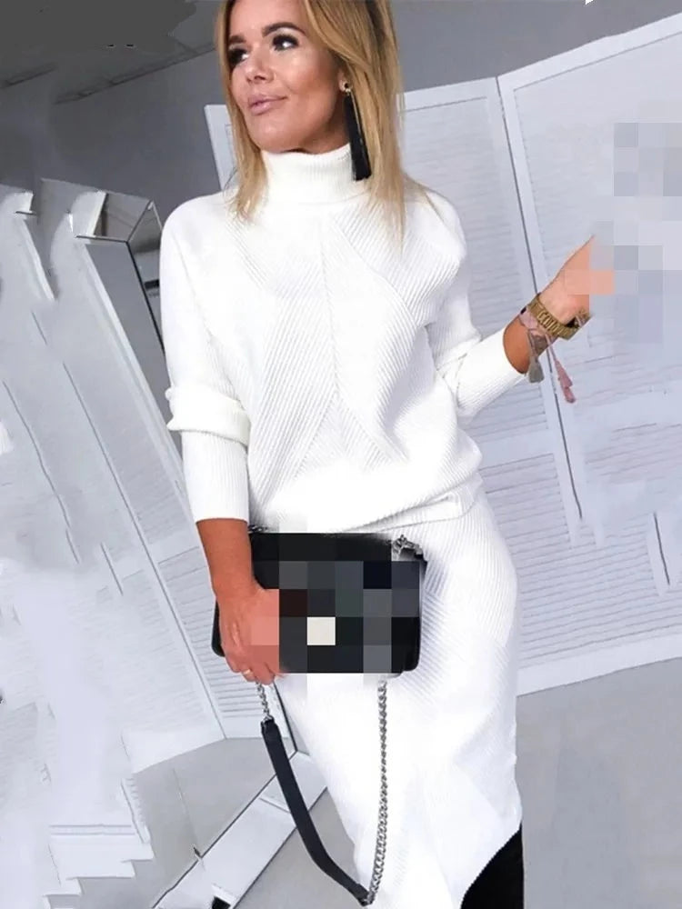 Pull à col roulé et jupe slim pour femme, ensemble deux pièces, lainage