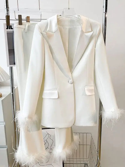 Ensemble de styliste douceur pour femmes, Slim, bouton unique, orné de plumes, Blazer et pantalon