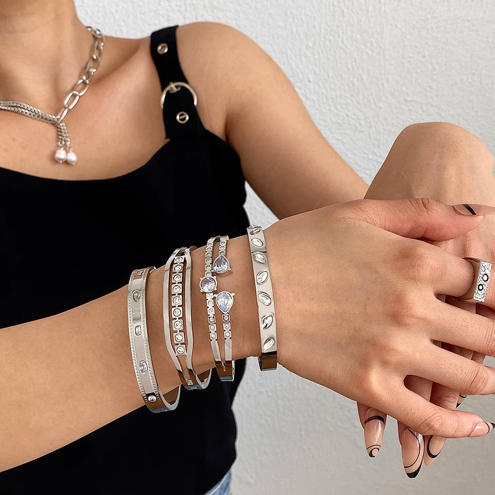 Bracelets tendance GoldGirly en acier inoxydable avec strass et zircone cubique pour femmes, couleur argent, bijoux