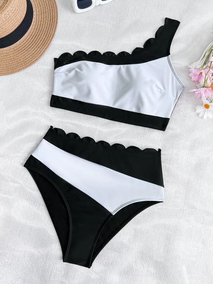 Bikini sexy noir et blanc à volants pour femme, maillot de bain une épaule push-up taille haute, idéal pour l'été et les vacances.