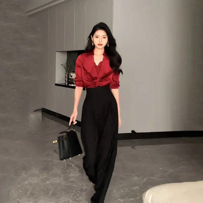 Pantalon taille Ultra haute à jambes larges, droit et tombant, pantalon de costume épais, à pinces noir ou crème