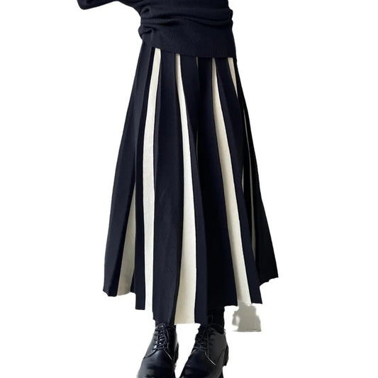 Jupe en tricot plissée taille haute pour femmes, couleur noir et blanc ,longue, style rétro, jupe parapluie