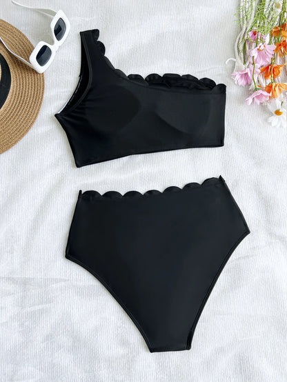 Bikini sexy noir et blanc à volants pour femme, maillot de bain une épaule push-up taille haute, idéal pour l'été et les vacances.