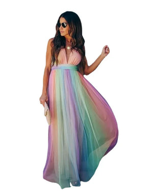 Robe sexy en maille arc-en-ciel à col en V profond pour femmes, taille haute, robe à bretelles, vêtements de plage, d'été, robe streetwear