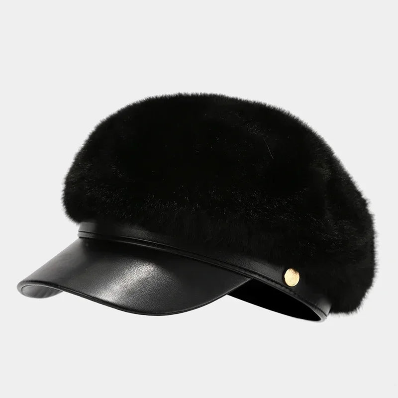 Béret vintage en fourrure douce pour femme, chapeau d'artiste polyvalent et luxueux pour fille, tient chaud en hiver, casquette octogonale à large bord rigide, bonnet mode