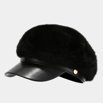 Béret vintage en fourrure douce pour femme, chapeau d'artiste polyvalent et luxueux pour fille, tient chaud en hiver, casquette octogonale à large bord rigide, bonnet mode