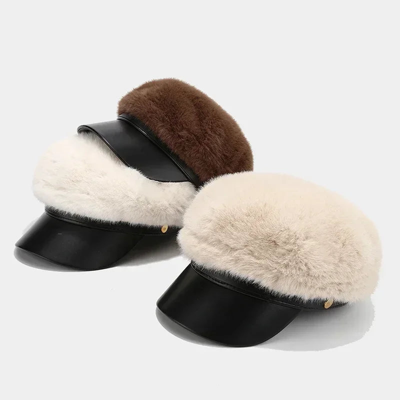 Béret vintage en fourrure douce pour femme, chapeau d'artiste polyvalent et luxueux pour fille, tient chaud en hiver, casquette octogonale à large bord rigide, bonnet mode