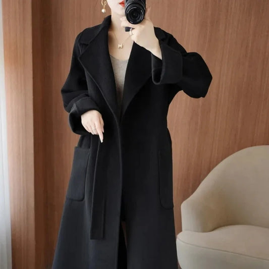 Manteau en laine 100% pour femme, vêtement Long et élégant en cachemire Double face avec ceinture, mode automne/hiver DIVERSES couleurs