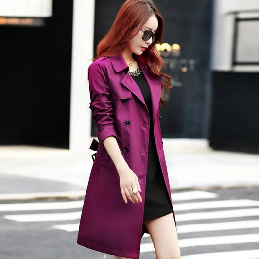Trench Manteau coupe-vent mi-long violet pour femme avec ceinture, taille fine