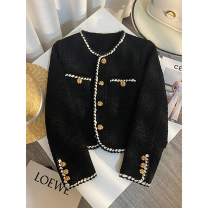 Veste en tweed noir pour femme, manteau matelassé court et élégant, blazer noir d'hiver pour femme, classique