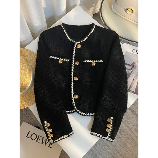 Veste en tweed noir pour femme, manteau matelassé court et élégant, blazer noir d'hiver pour femme, classique
