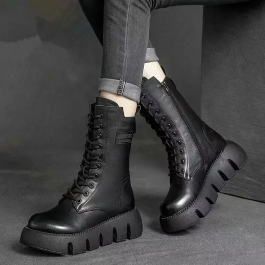 Bottes en cuir tendance à lacets et fermeture éclair pour femmes, montantes, décontractées, fourrées chaudes, antidérapantes, saison froide