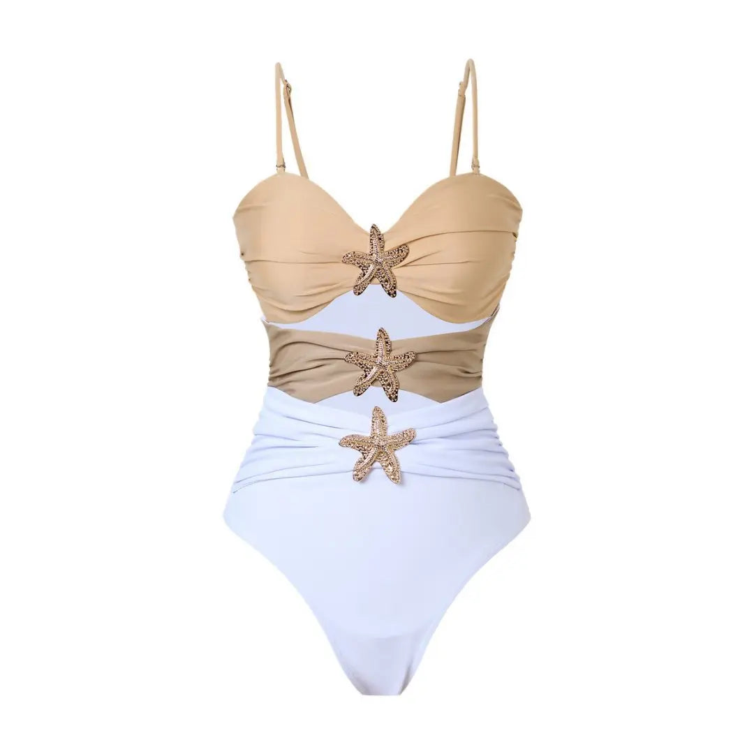 Maillot de bain une pièce coquillage blanc kaki nude femme, motif étoile de mer, plissé ajouré, monokini
