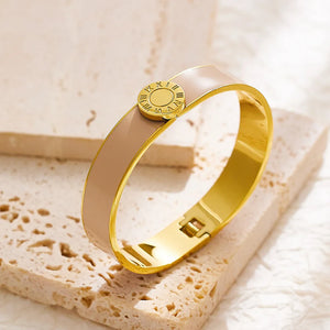 Superbe bracelet de luxe en acier titane et émail avec plaquette dorée et chiffres romains, plaqué or 18 carats, manchette étanche