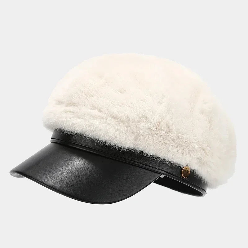 Béret vintage en fourrure douce pour femme, chapeau d'artiste polyvalent et luxueux pour fille, tient chaud en hiver, casquette octogonale à large bord rigide, bonnet mode