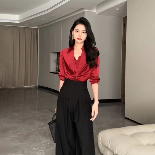 Pantalon taille Ultra haute à jambes larges, droit et tombant, pantalon de costume épais, à pinces noir ou crème