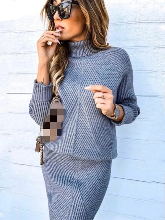 Pull à col roulé et jupe slim pour femme, ensemble deux pièces, lainage