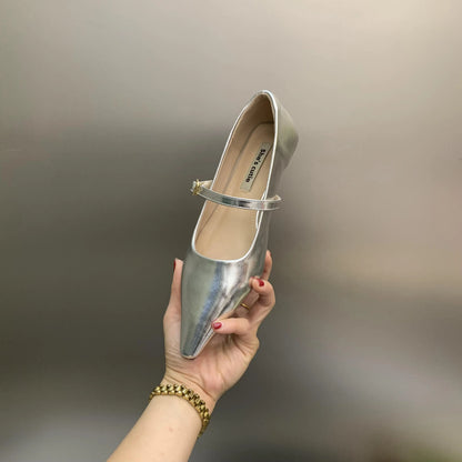 Chaussures ballerines pointues argentées, blanches ou noires tendance mode en cuir artificiel à semelle plate