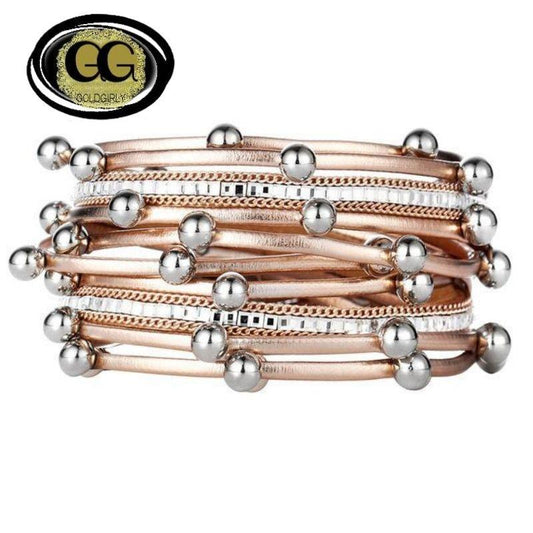 Bracelet Charme Pour Femmes Mode décoré de Perles Multiples Couches En Cuir