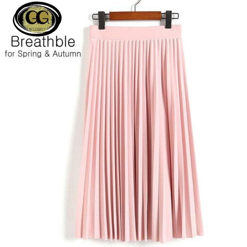 Jupe plissée Mode taille haute élastique -couleurs unie, longueur cheville