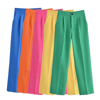 Pantalon stylé à pinces, coupe droite, différentes couleurs-rose-bleu-vert-jaune-orange