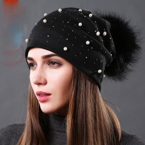 Bonnet brodé de perles collection Mode hiver Fourrure Naturelle tient chaud