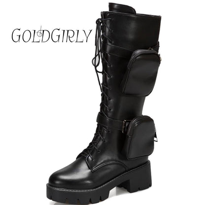 Bottes-genou-avec poches sur les côtés -semelle à grosse plate-forme -à lacets noir-talons carrés