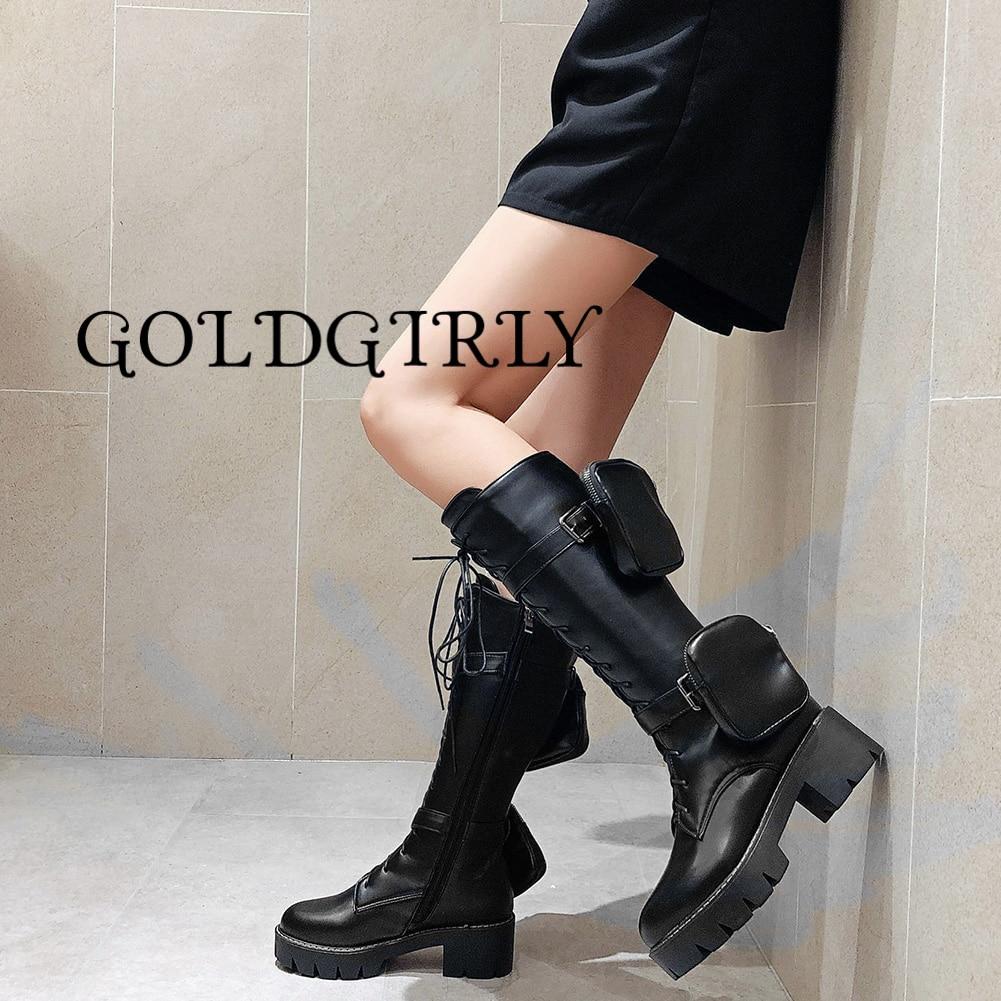 Bottes-genou-avec poches sur les côtés -semelle à grosse plate-forme -à lacets noir-talons carrés