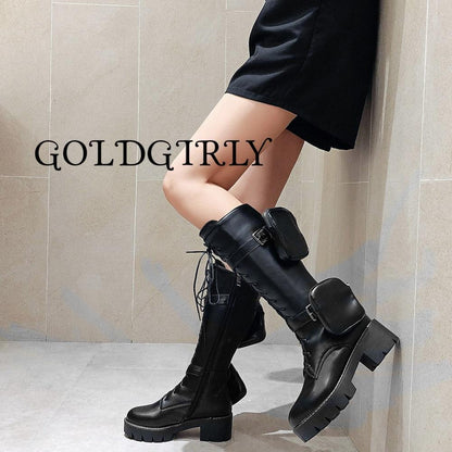 Bottes-genou-avec poches sur les côtés -semelle à grosse plate-forme -à lacets noir-talons carrés