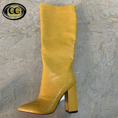 Bottes hauteur genou Automne Similicuir femmes bout pointu à talons hauts carrés taille 34-43