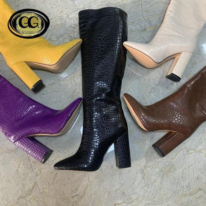 Bottes hauteur genou Automne Similicuir femmes bout pointu à talons hauts carrés taille 34-43