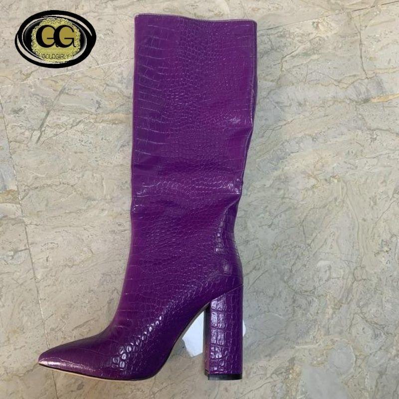 Bottes hauteur genou Automne Similicuir femmes bout pointu à talons hauts carrés taille 34-43