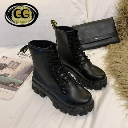 Bottines en Cuir à Plate-Forme- Bout Rond pour Femmes- Gold Design