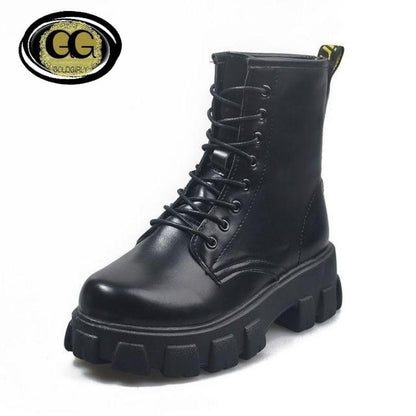 Bottines en Cuir à Plate-Forme- Bout Rond pour Femmes- Gold Design