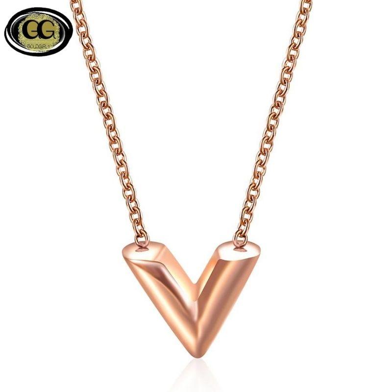 Collier en forme de V lettre pendentif en acier inoxydable couleur or rose or ou argent