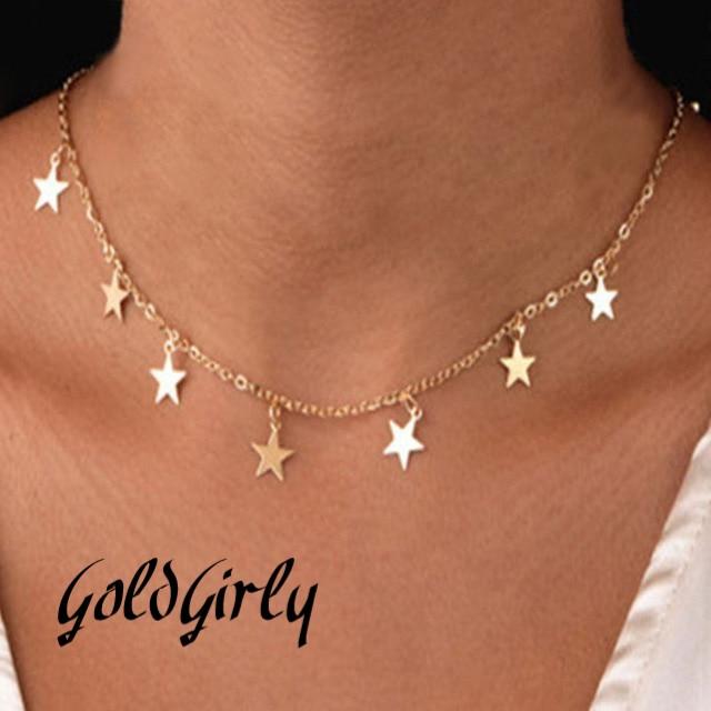 Collier tour du cou en acier inoxydable doré ou silver -rond-étoile-pendentifs Femme chaîne bijoux cadeau