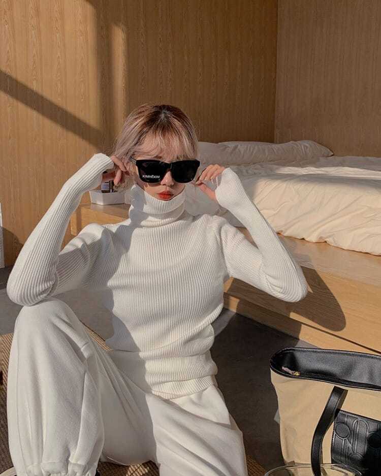 Col roulé pull fin femmes basique haut décontracté doux pull en tricot doux & chaud