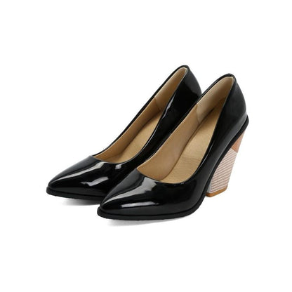 Talons vernis en cuir vinyl jaune orange blanc à gros talons et bouts pointus