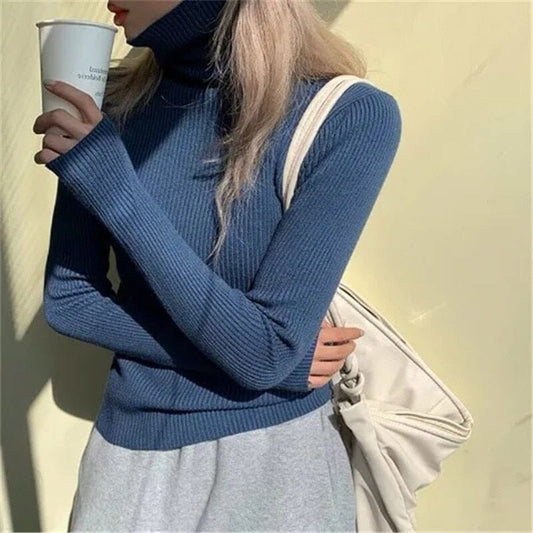 Col roulé pull fin femmes basique haut décontracté doux pull en tricot doux & chaud