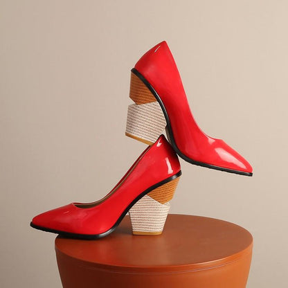 Talons vernis en cuir vinyl jaune orange blanc à gros talons et bouts pointus