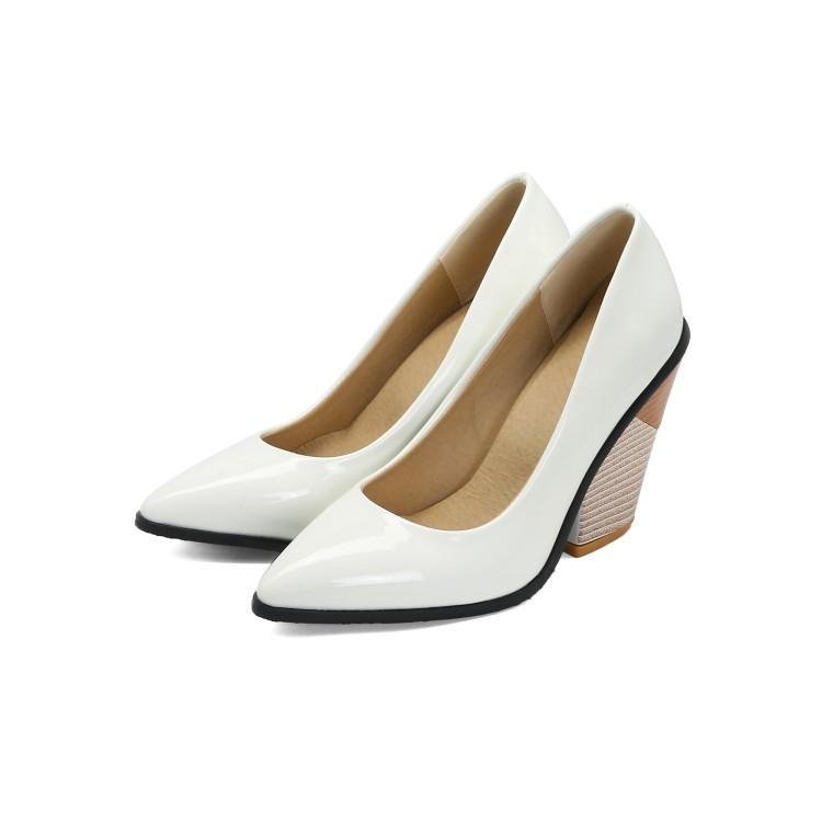 Talons vernis en cuir vinyl jaune orange blanc à gros talons et bouts pointus