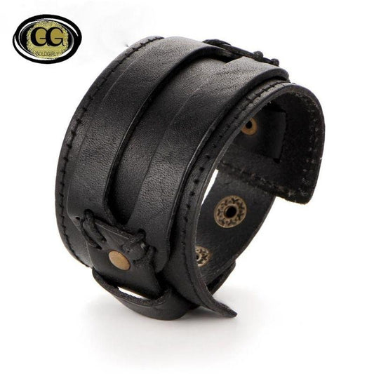 Manchette homme en cuir noir ou brun s'ouvre avec bouton pression, Double bride Fashion Men