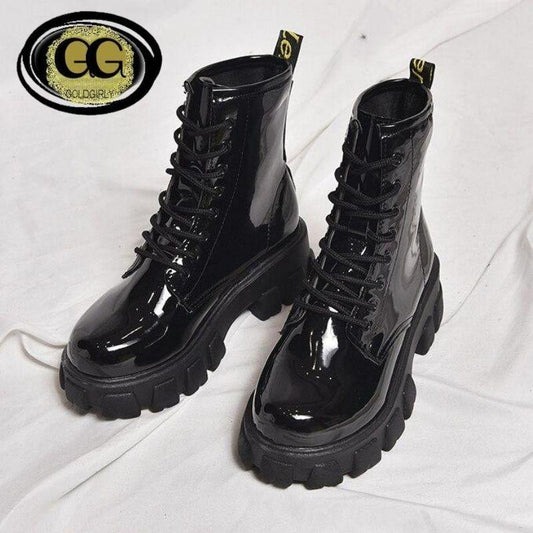 Bottines en Cuir à Plate-Forme- Bout Rond pour Femmes- Gold Design
