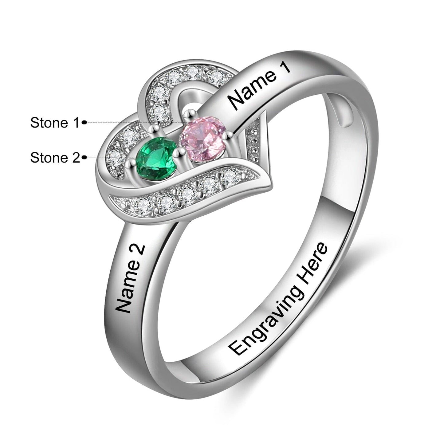 Bague argent 925 sterling personnalisable avec de 1à 8 prénom(s) gravé(s) bague avec pierre de naissance de couleur personnalisée également coeur pour femmes cadeau de fête des mères