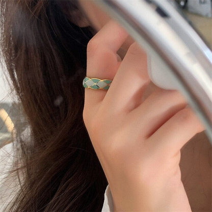New Bague en émail et en acier inoxydable couleur or losanges vert- turquoise pour femmes