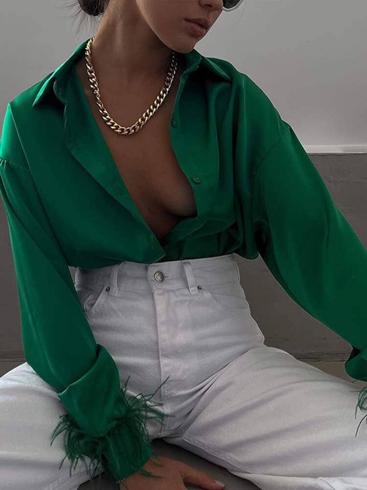 Chemise Satin Plumes aux Poignets pour Femmes élégante Boutonnée Manches Longues