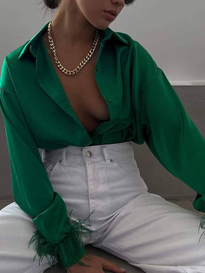 Chemise Satin Plumes aux Poignets pour Femmes élégante Boutonnée Manches Longues