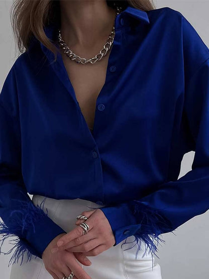 Chemise Satin Plumes aux Poignets pour Femmes élégante Boutonnée Manches Longues